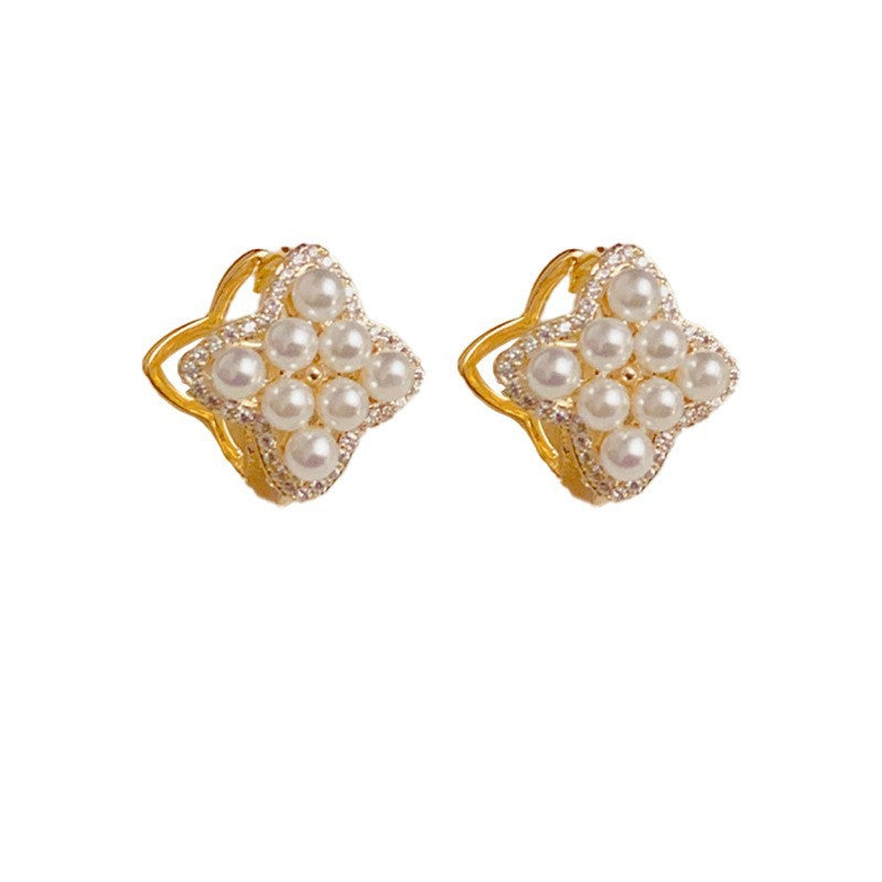 Elegant Micro-Zircon & Pearl Four-Leaf Flower Earrings – Floral Design