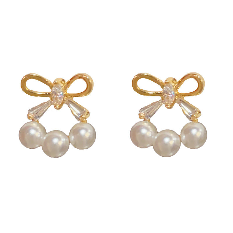 14K Gold-Plated Bow Pearl Stud Earrings – French Elegance Design