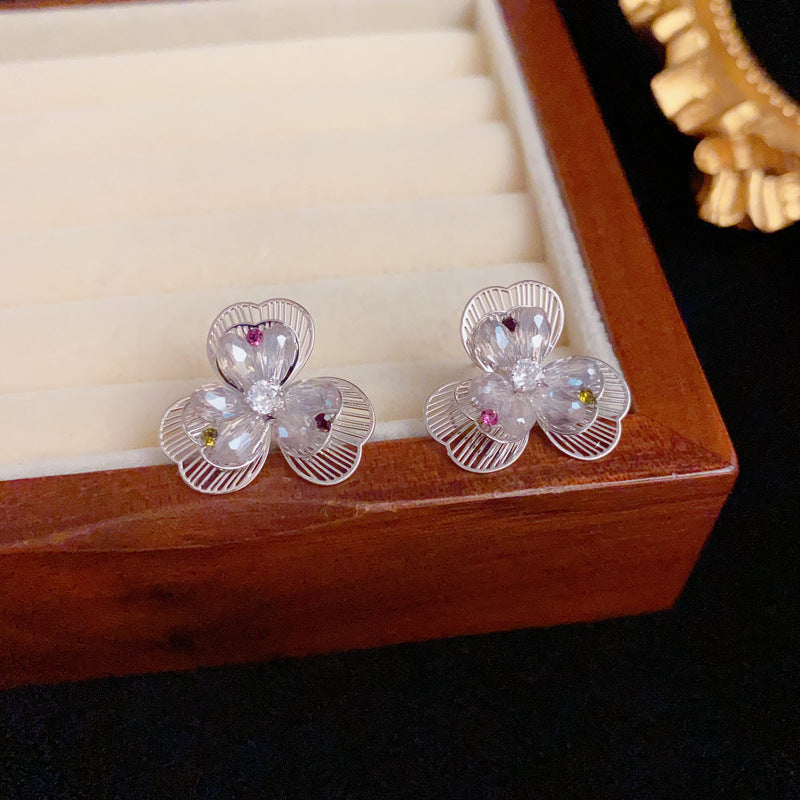 Elegant Openwork Crystal Petal Earrings –Floral Design