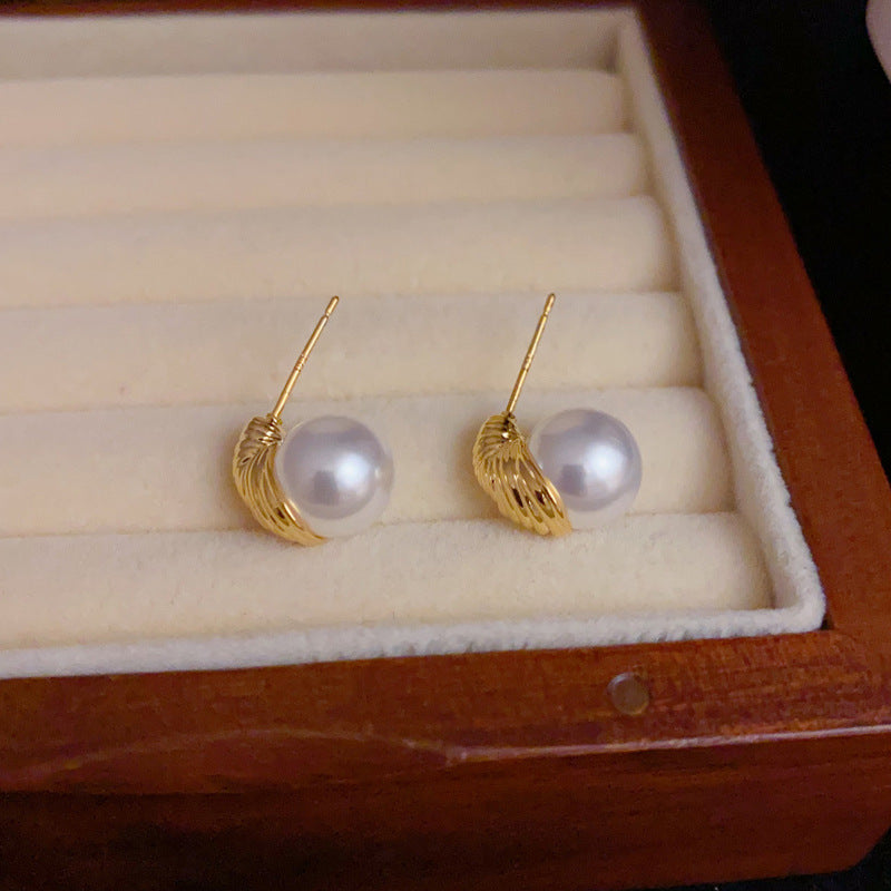 14K Gold-Plated Metal Pearl Stud Earrings – Elegant Minimalist Design