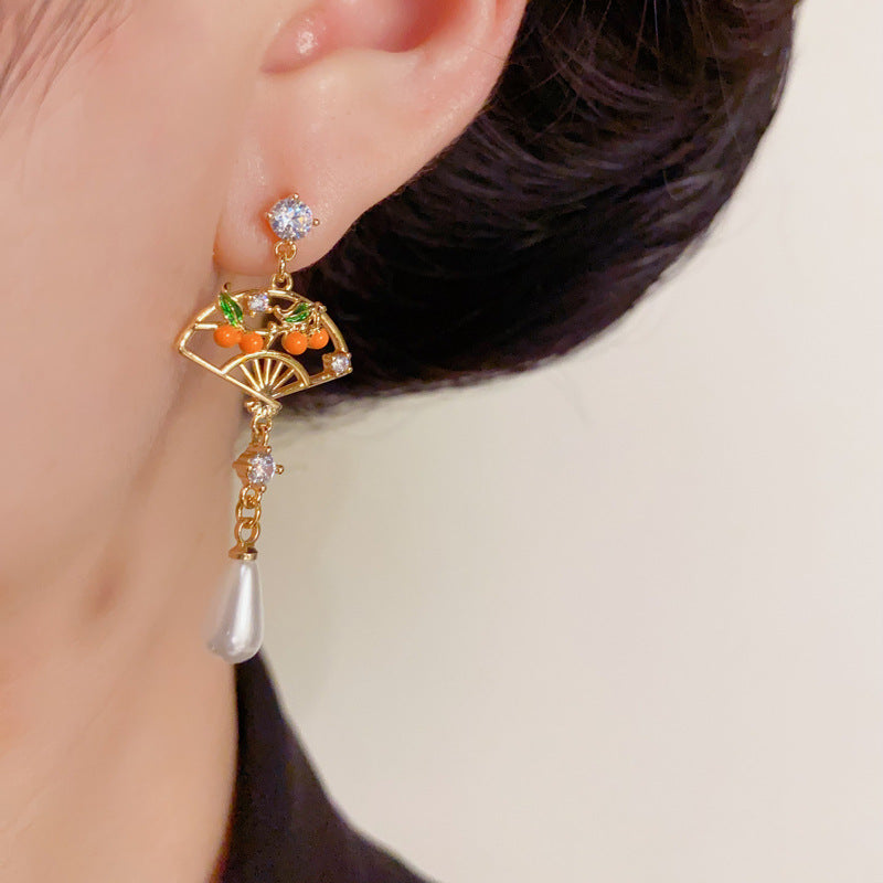 Enamel Persimmon Fan Teardrop Pearl Drop Earrings – Elegant Design