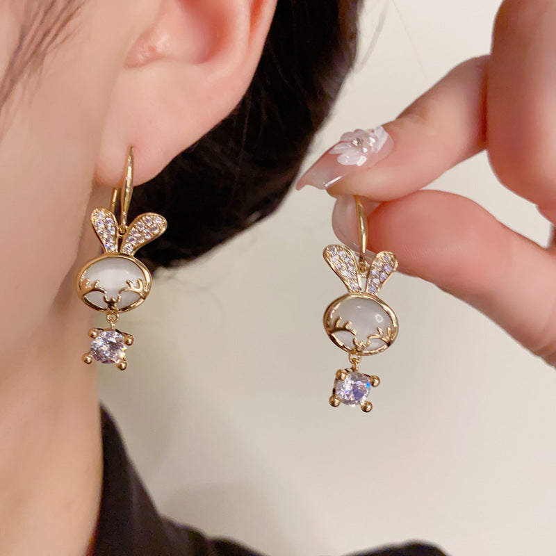 14K Gold-Plated Zircon Cat Eye Rabbit Earrings- Chic Elegance Design