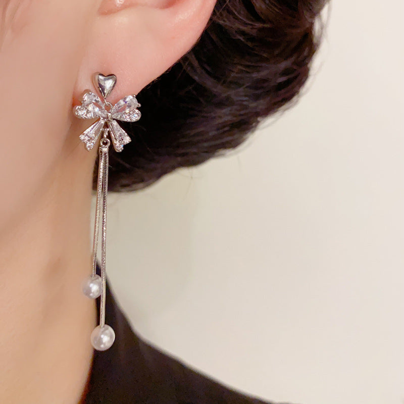 14K Gold-Plated Heart Zircon Bow Tassel Earrings – Elegance Design