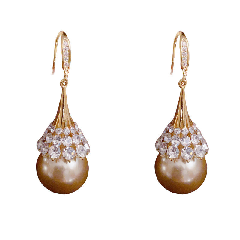 Luxury Full-Zircon Coffee Pearl Ear Hook Earrings – S925 Silver Needle
