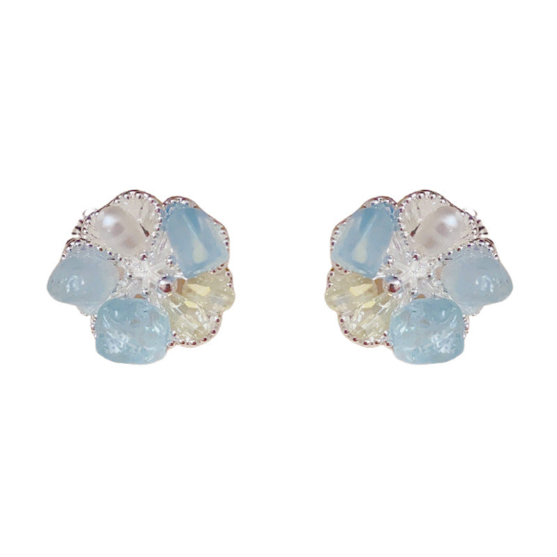 Luxury Gradient Crystal & Pearl Petal Stud Earrings –S925Silver Needle