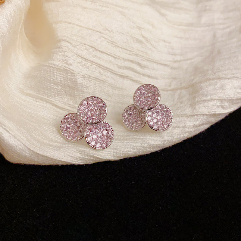 Luxury Zircon Purple Triple Round Stud Earrings – Geometric Design