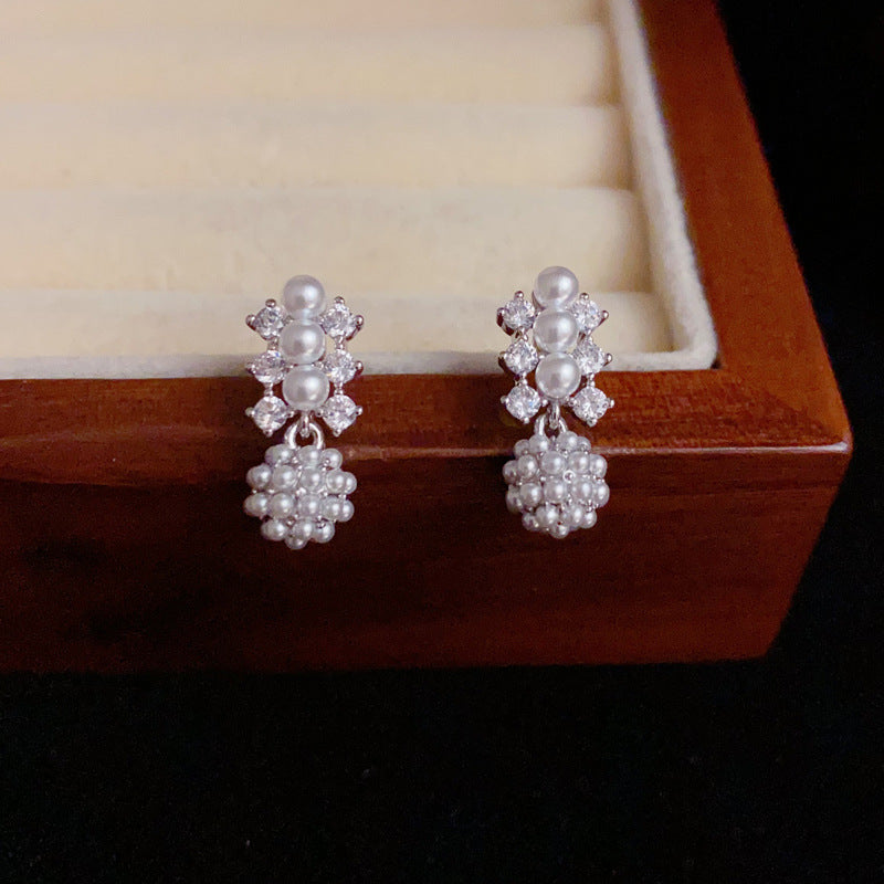 14K Gold Minimalist Zircon & Pearl Ball Stud Earrings – Elegant Design