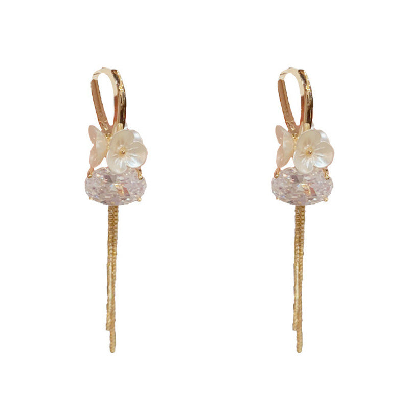 14K Gold-Plated Flower Zircon Long Tassel Ear Cuff - Elegant Design
