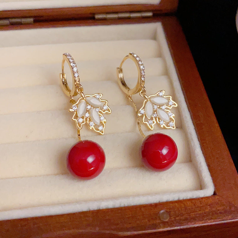 14K Gold-Plated Stone Maple Leaf Red Bead Earrings - Chic & Elegant
