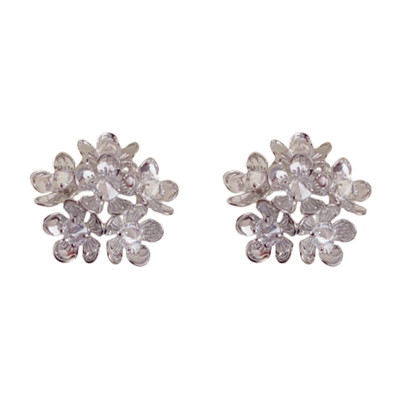 Elegant Zircon Metal Petal Stud Earrings – Silver Needle Floral Design