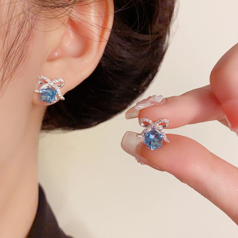Luxury Zircon Bow & Sugar Cube Crystal Stud Earrings – Elegant Design