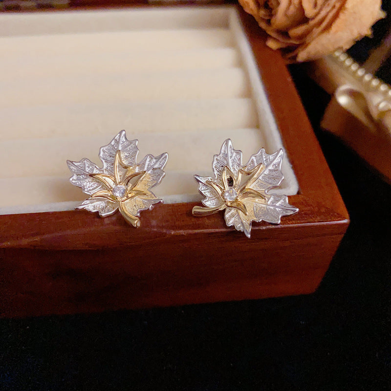 Elegant Colorblock Maple Leaf Stud Gold Earrings – Floral Design