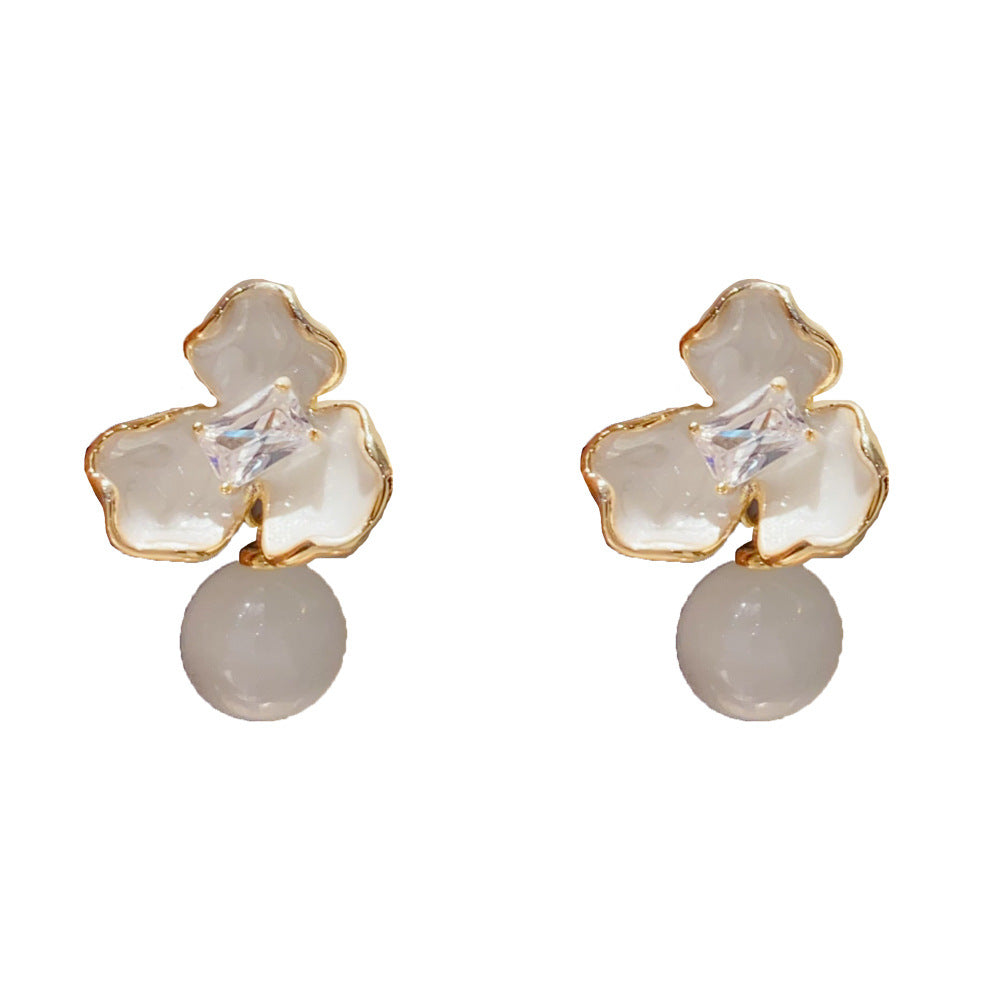 Eaioncol Enamel Three Leaf Cat Eye Drop Earrings Gold