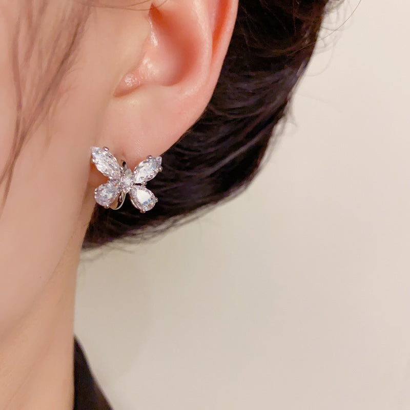 14K Gold Zircon Butterfly C-Shaped Hoop Earrings – Elegant Design