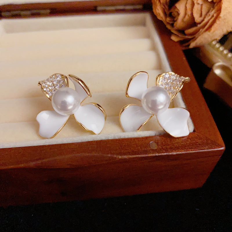 14K Gold Vintage Enamel 3D Zircon Flower Earrings – S925 Silver Needle