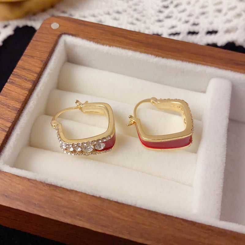 Elegant Full-Zircon Red Double-Sided Hoop Earrings – Geometric Design