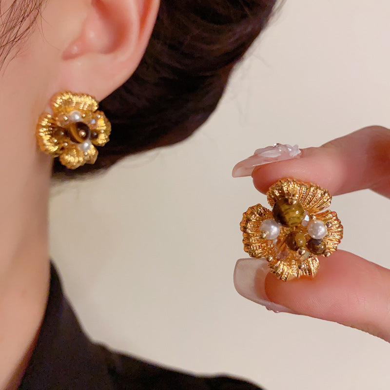 Elegant Tiger's Eye & Glass Bead Flower Earrings – Floral Design