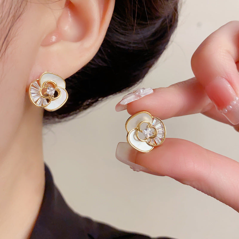 Elegant Shell Camellia Stud Earrings – Refined Floral Design