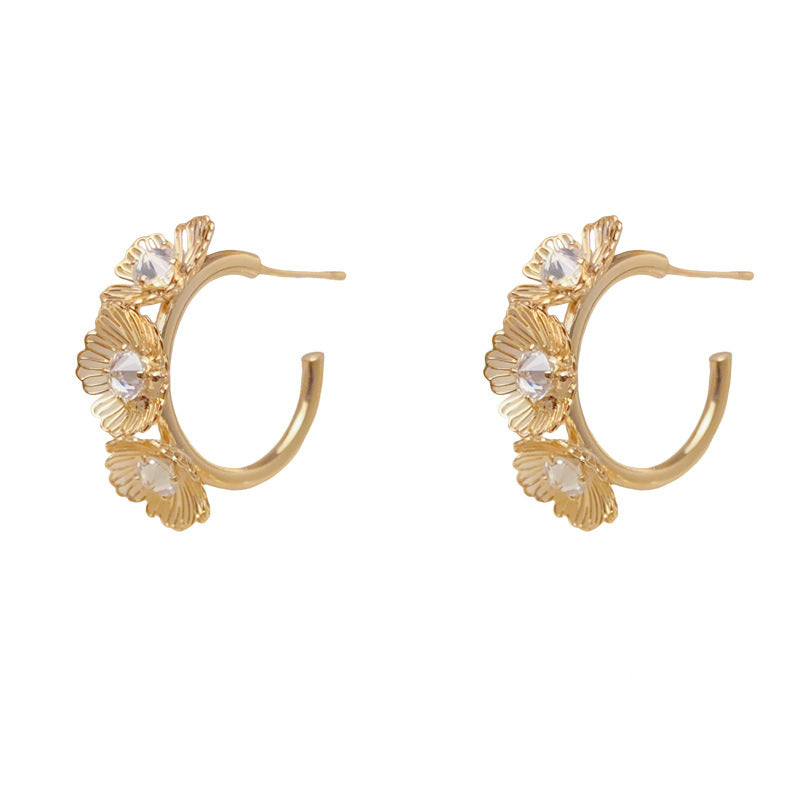 Elegant Zircon Hollow Petal Hoop Earrings – French Floral Design