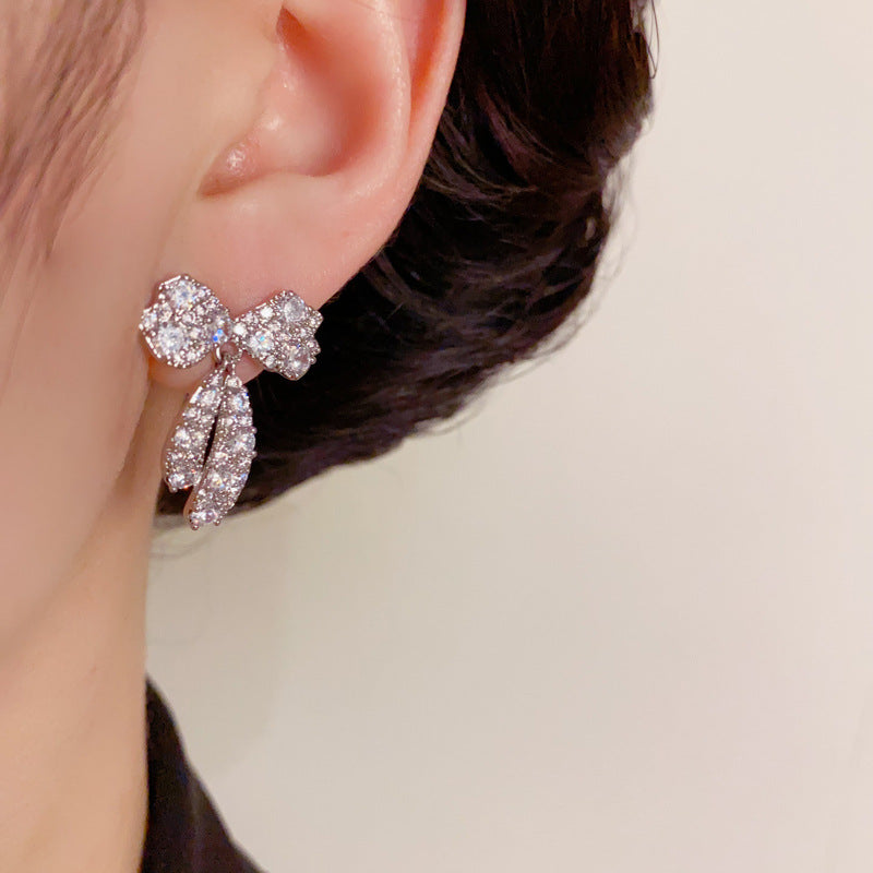 14K Gold-Plated Full Zircon Bow Drop Earrings –Delicate Sparkle Design