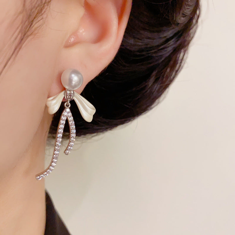 14K Gold-Plated Pearl Bow Drop Earrings – Elegant Feminine Style