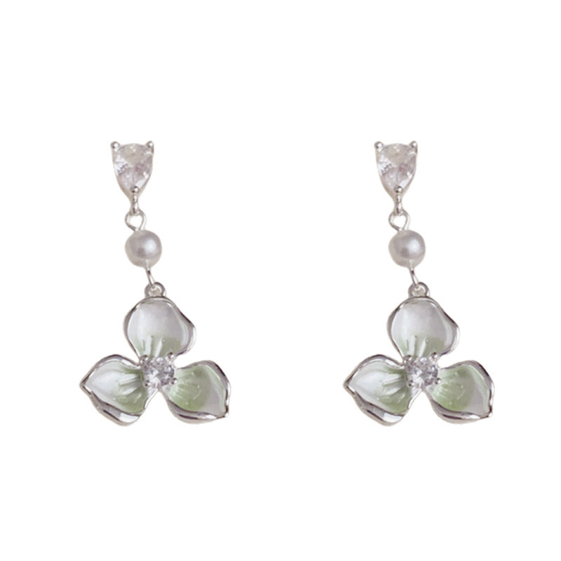 S925 Silver Luxury Gradient Green Petal Drop Earrings – Floral Design