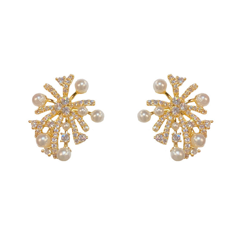 S925 Zircon Firework Pearl Stud Earrings - Elegant Minimalist Design