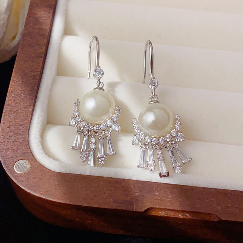 Luxury Zircon Pearl Tassel Hook Earrings – Geometric Design
