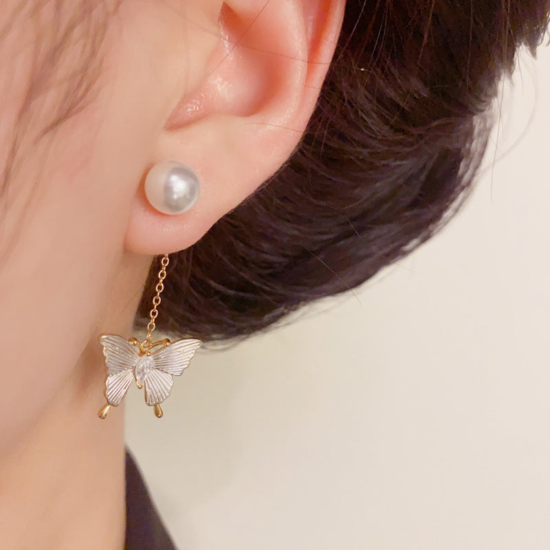 Pearl & Butterfly Tassel Front-Back Drop Earrings – S925 Silver Needle