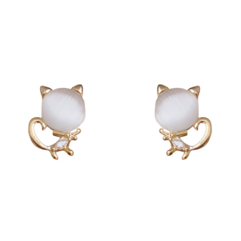 14K Gold Cat's Eye Stone Kitten Stud Earrings – S925 Silver Needle