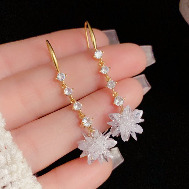 14K Gold-Plated Zircon Tassel Ice Flower Drop Earrings - Chic Design