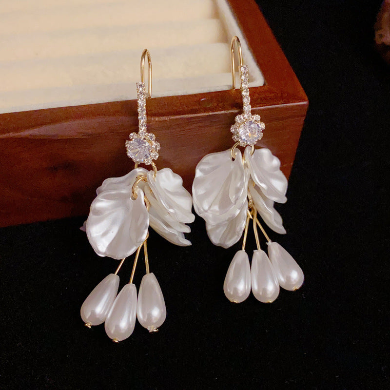 14K Gold Zircon & Pearl Petal Tassel Hook Earrings – Elegant Design
