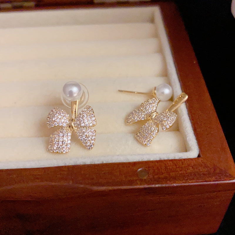 14K Gold-Plated Zircon Bow Pearl Dual Stud Earrings - Elegance Design