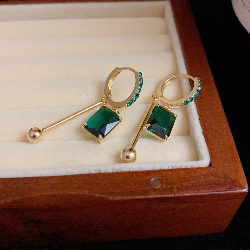 14K Gold Emerald Square Crystal Tassel Earrings - Chic Elegance Design