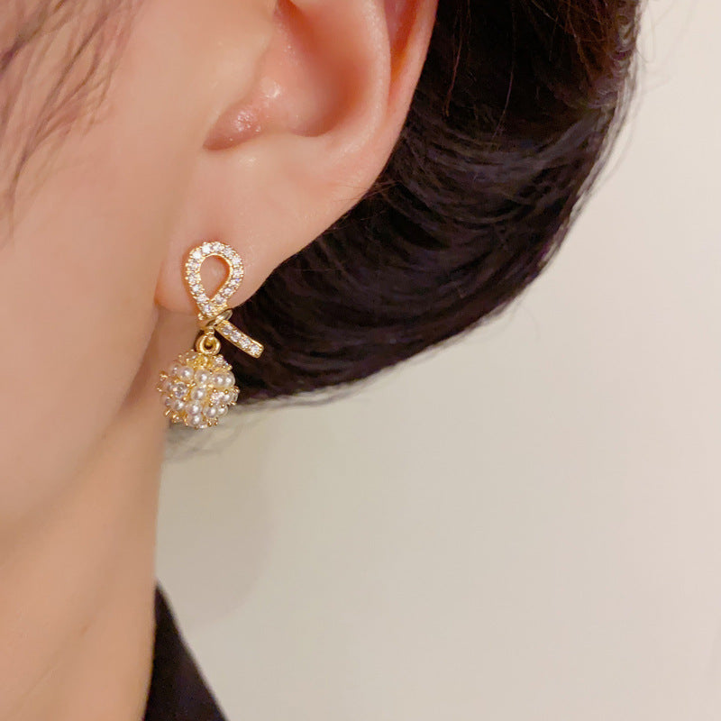 Luxury Zircon Knotted Pearl Ball Drop Earrings – Geometric Design