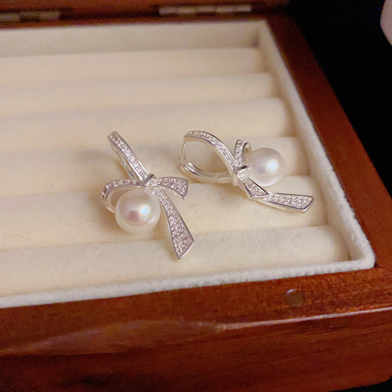 14K Gold-Plated Bow Pearl Earrings – Elegant Korean Chic Design