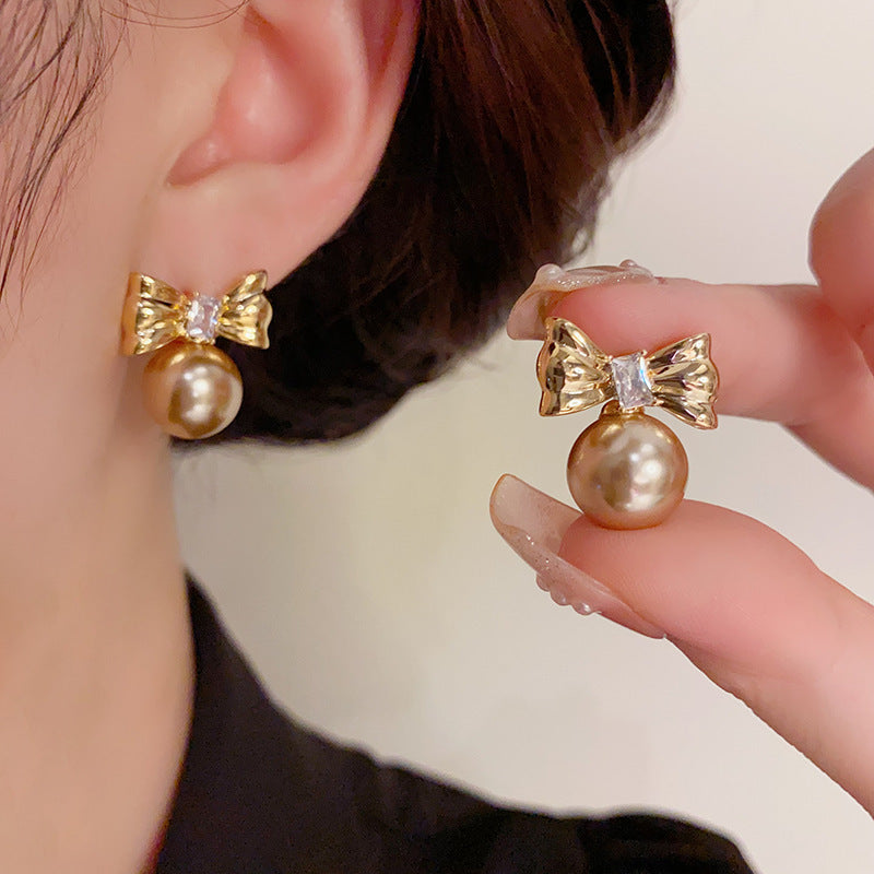 14K Gold-Plated Metal Bowknot Pearl Stud Earrings - Elegant Design