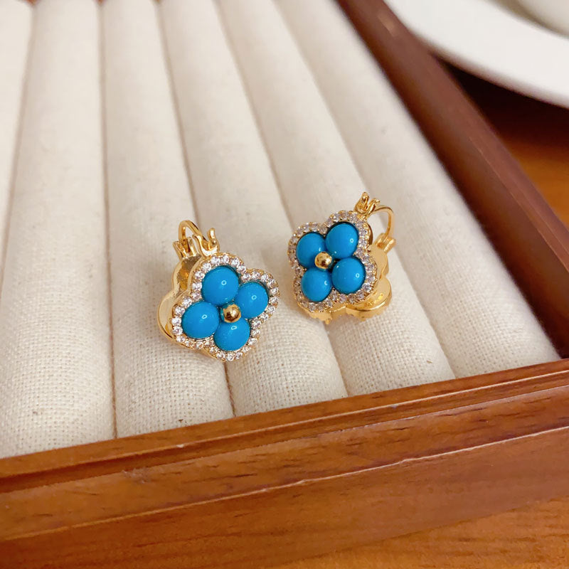 Elegant Double-Sided 4-Leaf Flower Hoop Earrings – Geometric Design