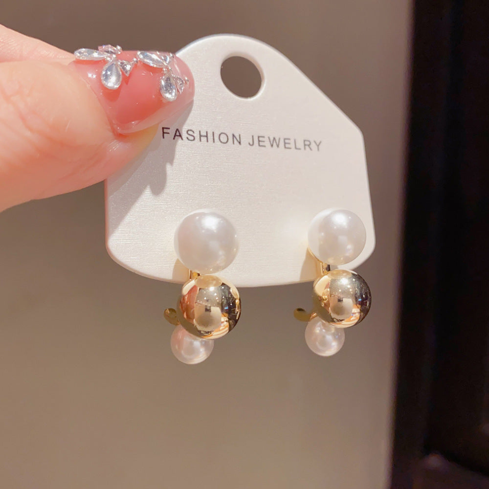Eaioncol Korean Pearl Ball C Hoop Earrings 14K Gold Plated