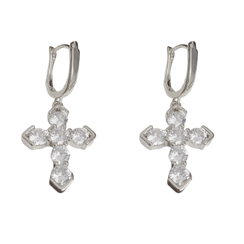 Luxury Full-Zircon Cross Tassel Ear Cuff Earrings – S925 Silver Needle