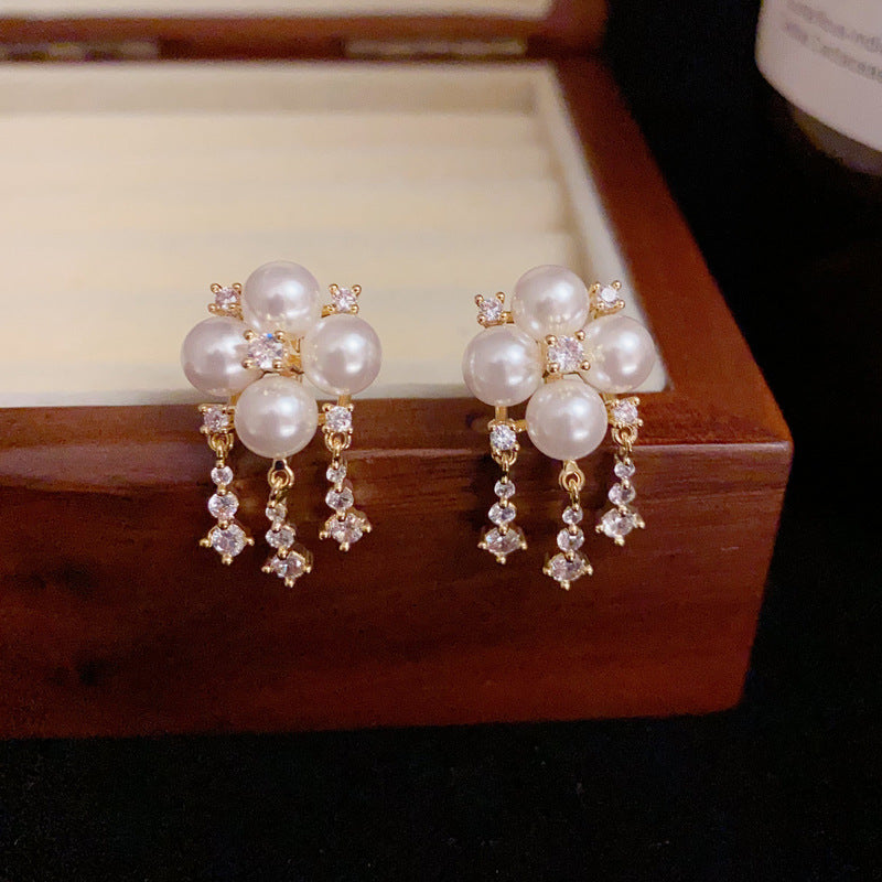 14K Gold-Plated Pearl Clover Tassel Earrings - Elegant & Chic Design