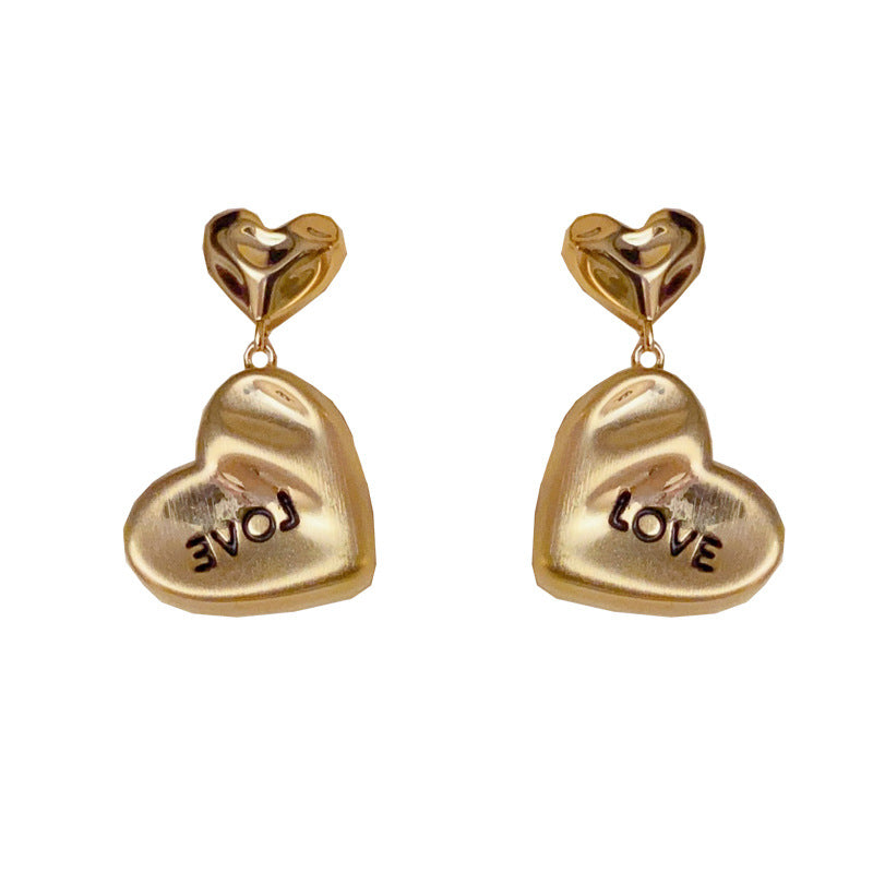 14K Gold-Plated Metal Heart Letter Earrings-Chic French Vintage Design