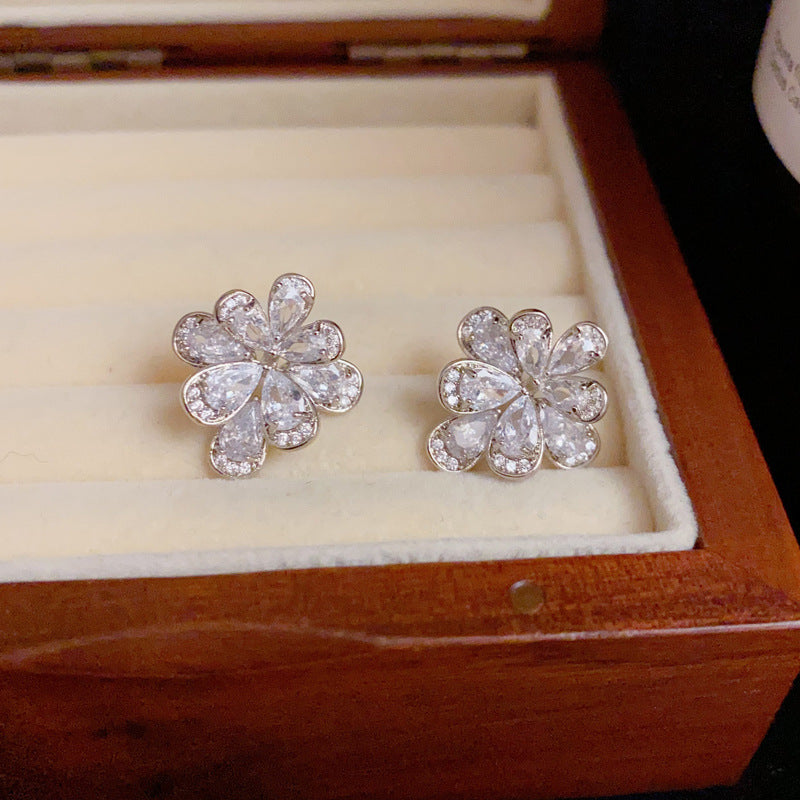 14K Gold Full Zircon Flower Earrings - Chic Elegance Design