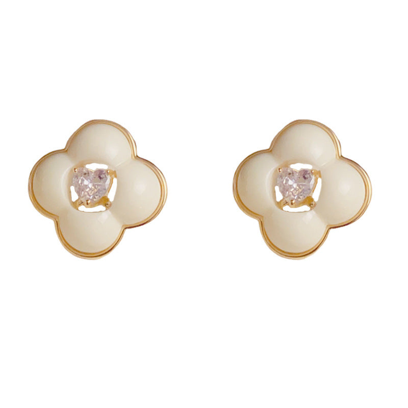 French-Style Zircon Four-Leaf Flower Stud Earrings– S925 Silver Needle