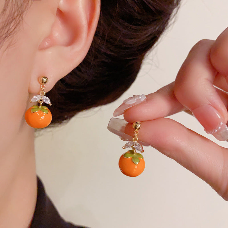 Elegant Enamel Persimmon Drop Gold Earrings – Fruit Design