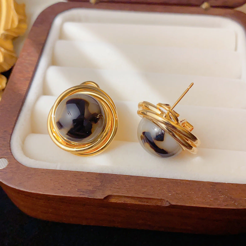 Elegant Tiger's Eye Round Metal Stud Earrings – Geometric Design