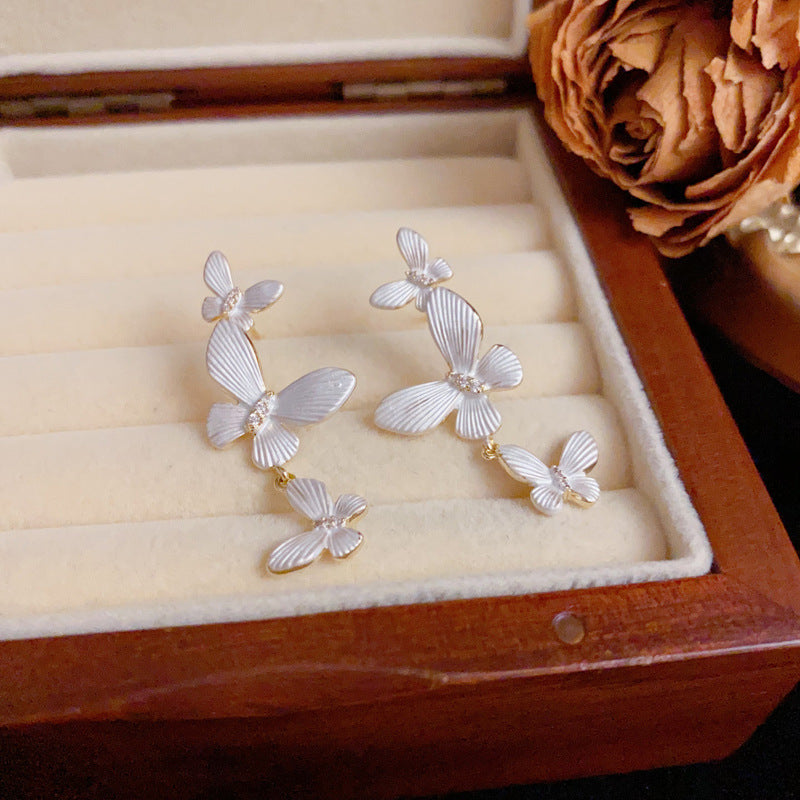 14K Gold Luxury 3D White Butterfly Tassel Drop Earrings–Elegant Design