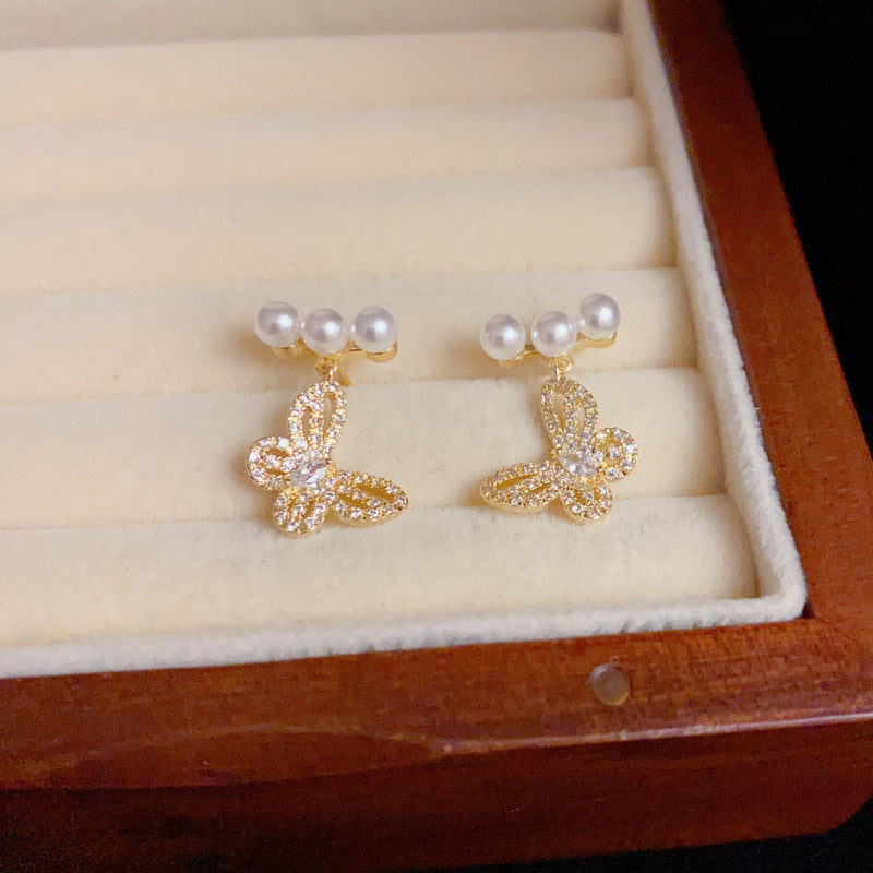 Silver Posts Elegant Pearl Butterfly Drop Earrings – Elegant Design