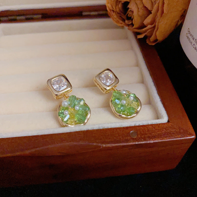 Luxury Green Crystal Geometric Tassel Drop Earrings – Elegant Design