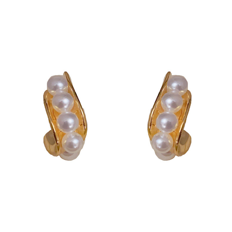 14K Gold-Plated Metal Pearl C-Shaped Hoop Earrings - Elegant Design